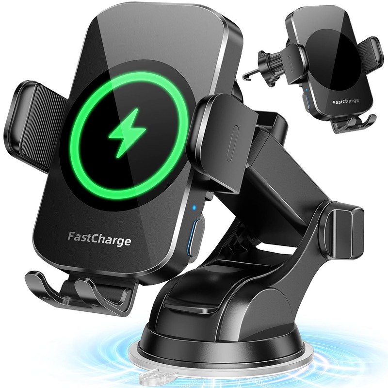 Wireless Car Charger, Fast Charging Phone Holder 3 in 1 Phone Mount Auto Clam…