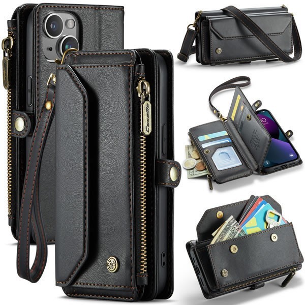 Case Me iPhone 13-16 Pro, Max Zipper Wallet RFID anti-theft Leather Phone Case
