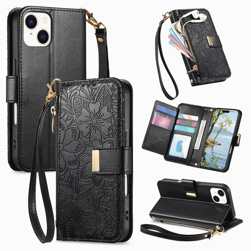 For iPhone 16 Pro Max/16e/15 Women’s Floral PU Leather Zipper Wallet Case +Strap
