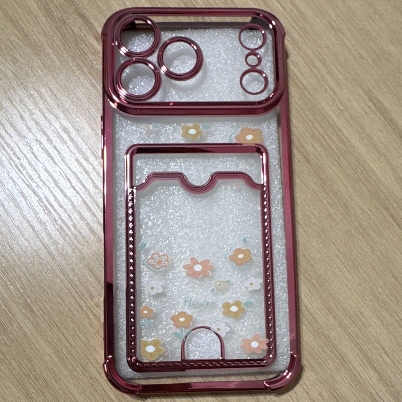 Clear Pink Floral Transparent Back Phone Case, Patterned Cover w/ Card Pocket