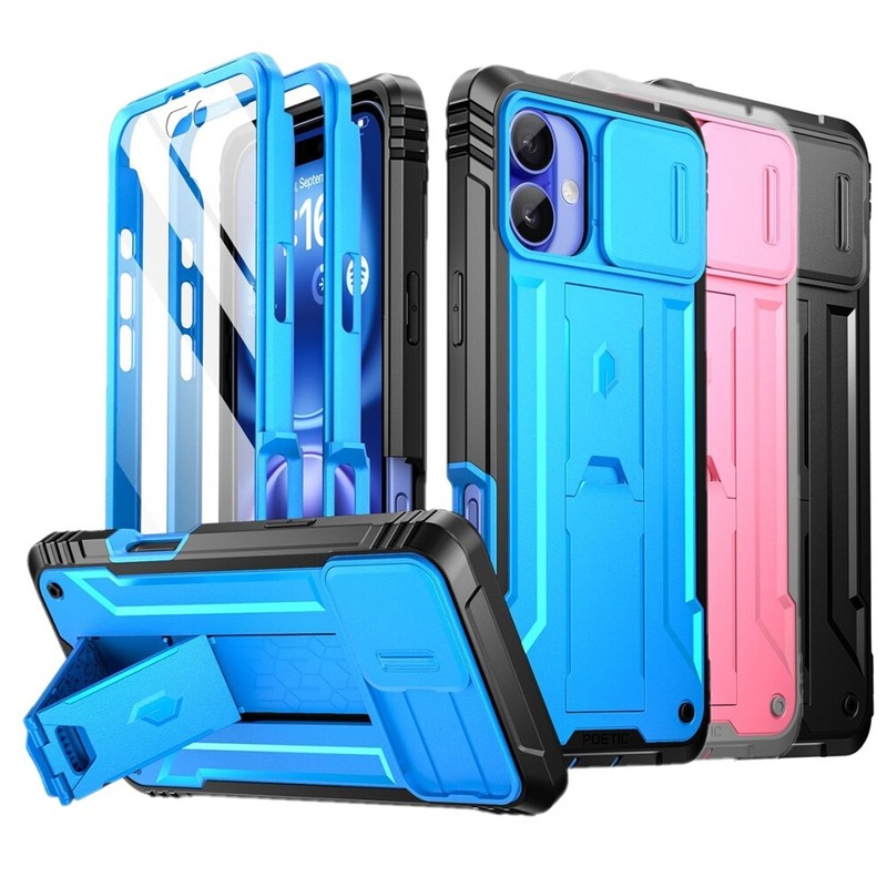 Poetic Kickstand Case For iPhone 16 Rugged Built-in-Screen Slide Camera Cover