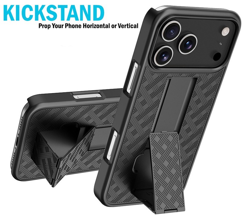 Slim Hard Case Stand and Belt Clip Holster Combo for iPhone 17 Pro Max - Black gallery