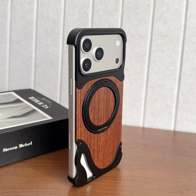 Magnetic Metal Real Wood Stand Case For iPhone 17 Pro Max 17 Pro 16/15/14Pro Max