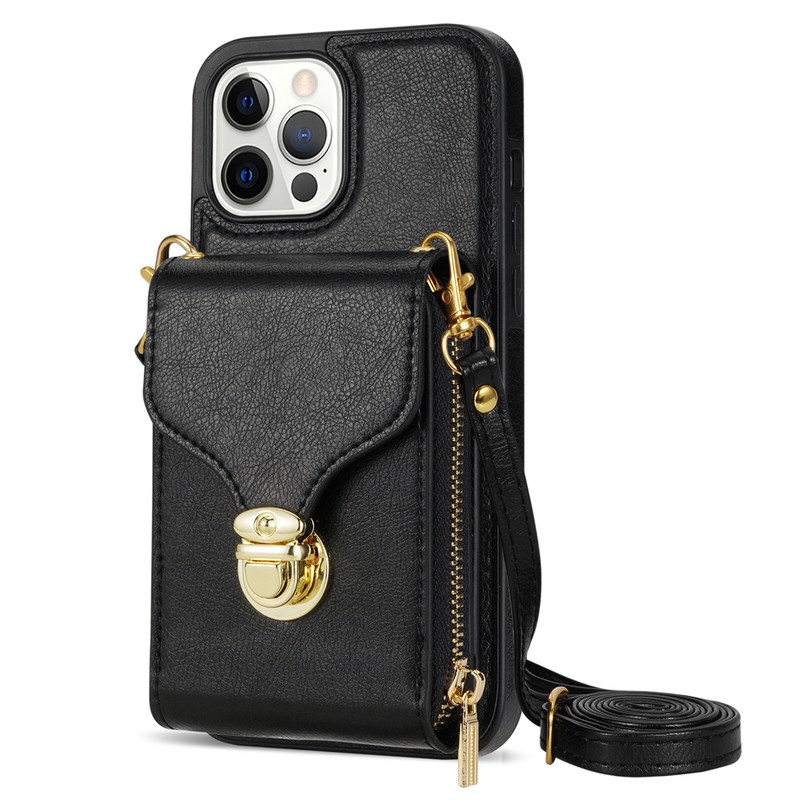 For iPhone 16 15 14 13 12 Pro Max Wallet Case Zipper Pocket Crossbody Strap