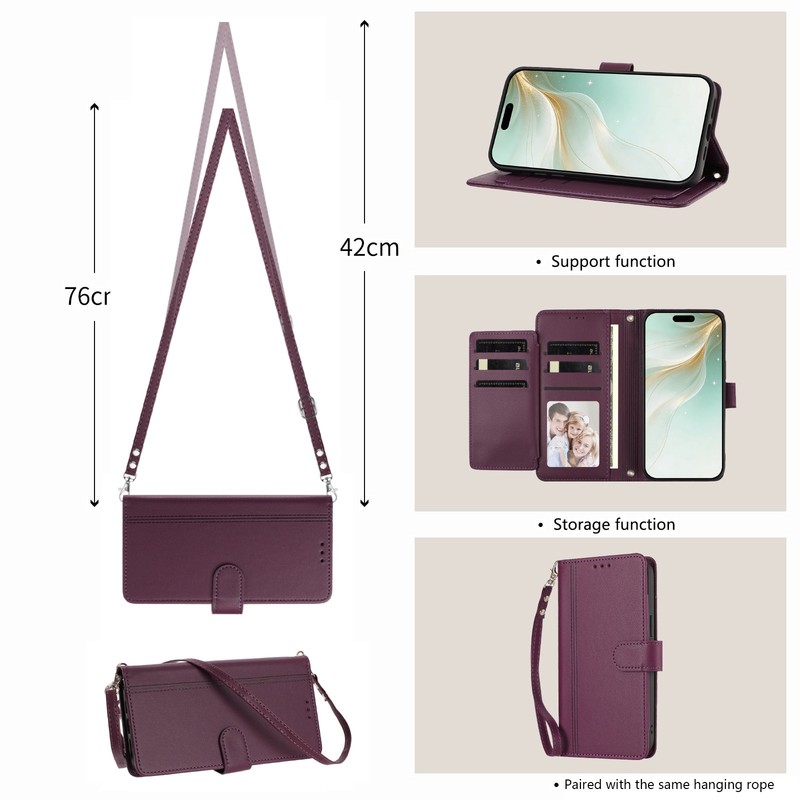 For Various Phone 9 Cards Wallet Case Flip Stand Crossbody Leather Cover 2 Strap