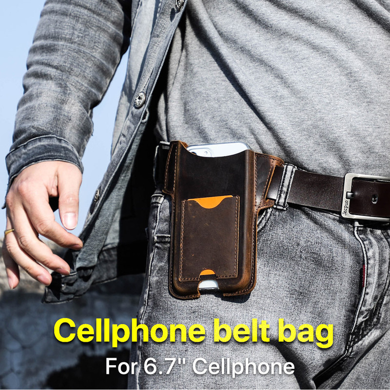 For iPhone 14 15 Pro Max 6.7" Genuine Leather Belt Phone Case Coffee Black gallery