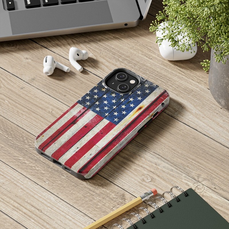 Tough Case for iPhone 14 – Distressed Vertical American Flag on Barn Wood Print