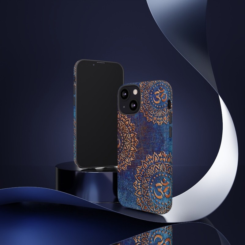 iPhone Tough Case – Copper Color Ohm Symbol Mandala Print on Blue Background