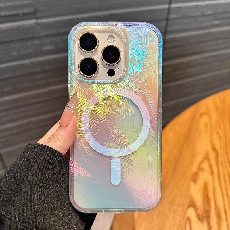 Laser Gradient Feather Magnetic iPhone Case 17 Air 16e 15 14 13 Pro Max