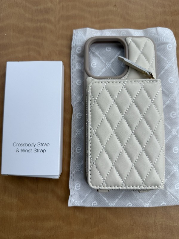 LAMEEKU Crossbody Wallet Case for iPhone 15 Pro Max Beige RFID Card Holder Strap