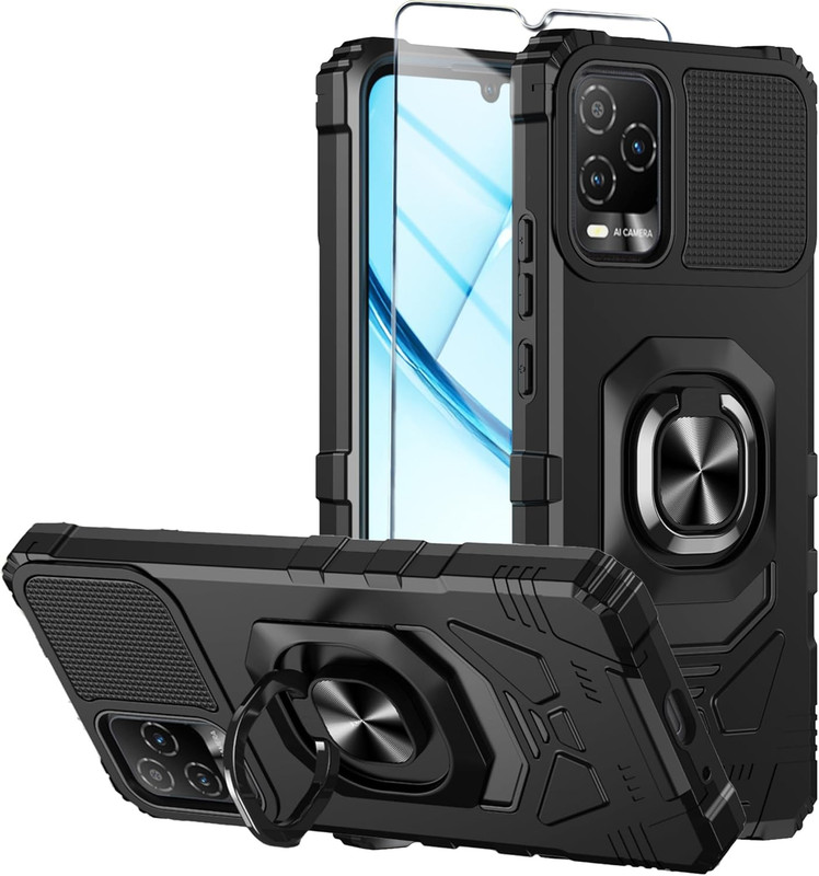BLU View 5 Pro Case with Tempered Glass Screen Protector – Shockproof Ring Stand