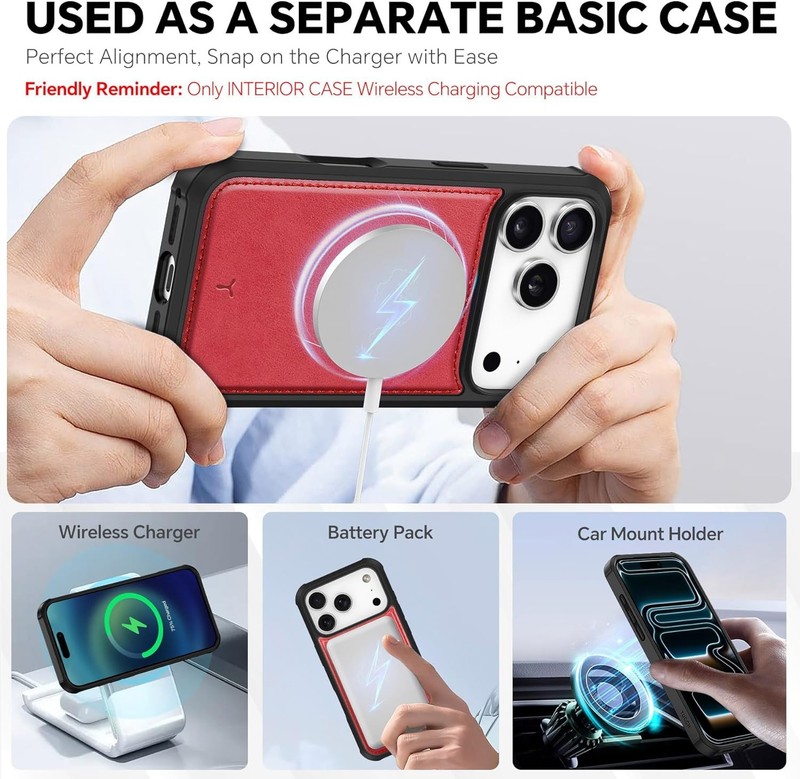 iPhone 17 Pro Red Wallet Case Magnetic Detachable RFID Card Holder Wrist Strap gallery