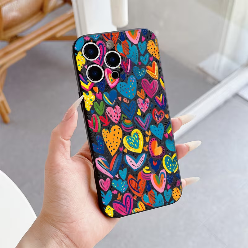 iPhone 15 PRO Case – A Stylish Black Soft Shell Phone Case , Colorful Hearts