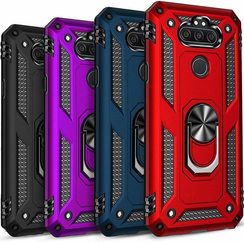 For LG Aristo 5 Case, Metal Ring Kickstand Cover + Tempered Glass Protector