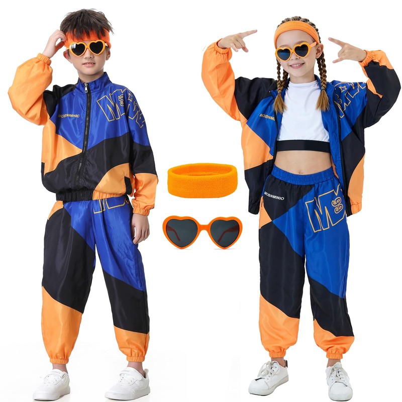 Coseaon 80s Outfit for , 90s Tracksuit Boys Girls Hip Hop Dance Clothes Unise…