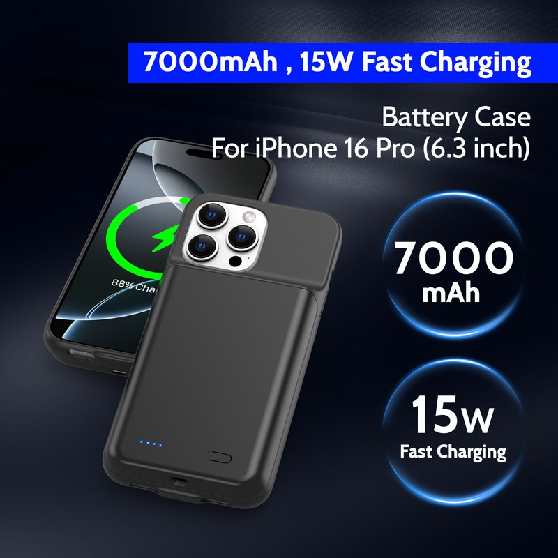 7000mAh For iPhone16Pro Battery Charging Case Phone Cover Power Bank Charger6.3" gallery