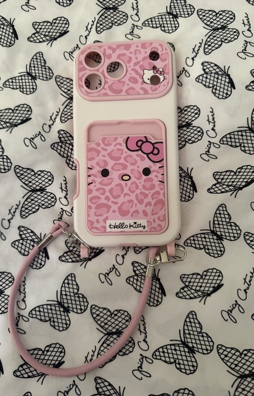 Hello Kitty Pink/White iPhone 17 ProMax Back Case Cartoon Leopard w/ Wrist Strap