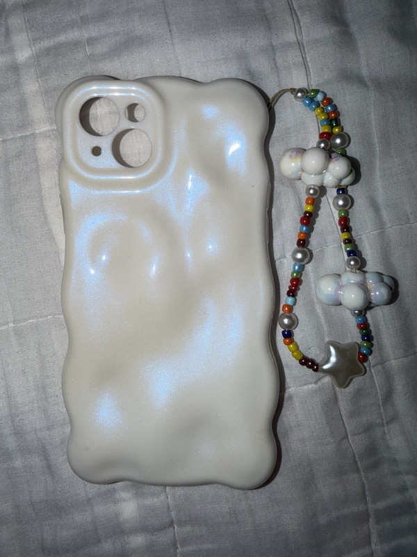 iPhone 15 Plus White/Translucent Wavy Case with Clouds/Stars Phone Charm