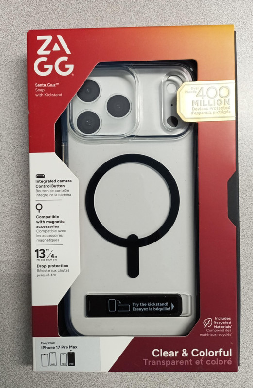 ZAGG Santa Cruz Snap MagSafe Case w/Kickstand – iPhone 17 Pro Max Black/Clear