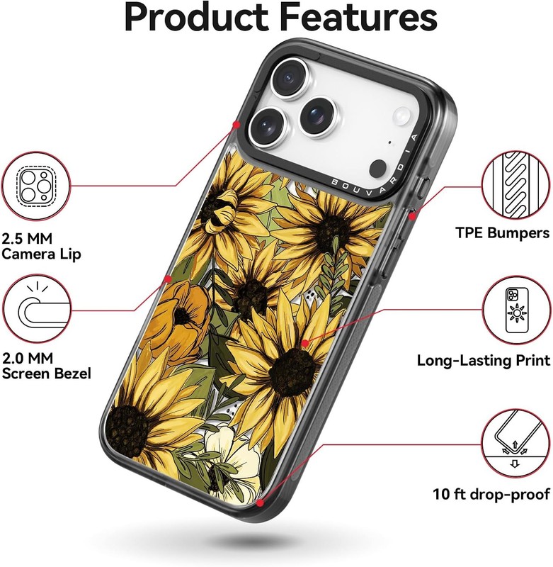 iPhone 16 Pro Sunflower Floral Black Case Shockproof Protective Cover gallery
