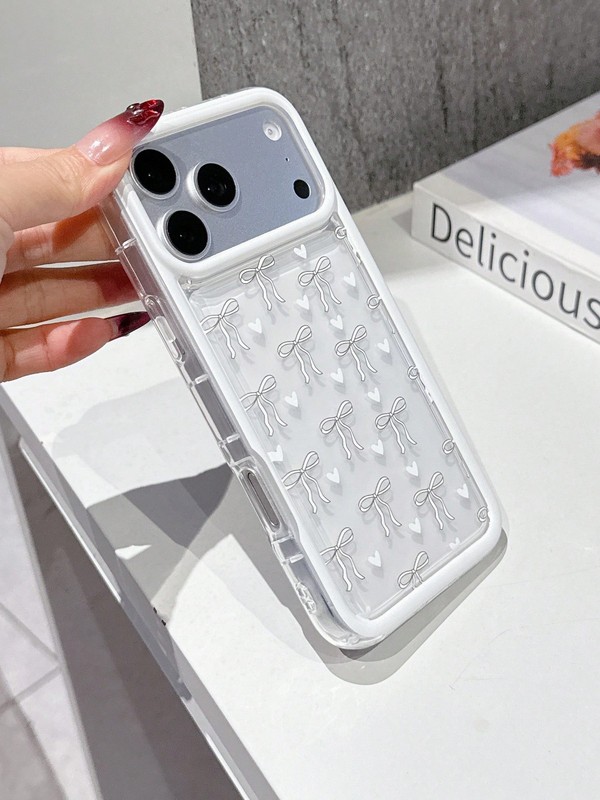 White TPU Bow & Heart Pattern Shockproof Case For iPhone 11 To 17 Pro Max