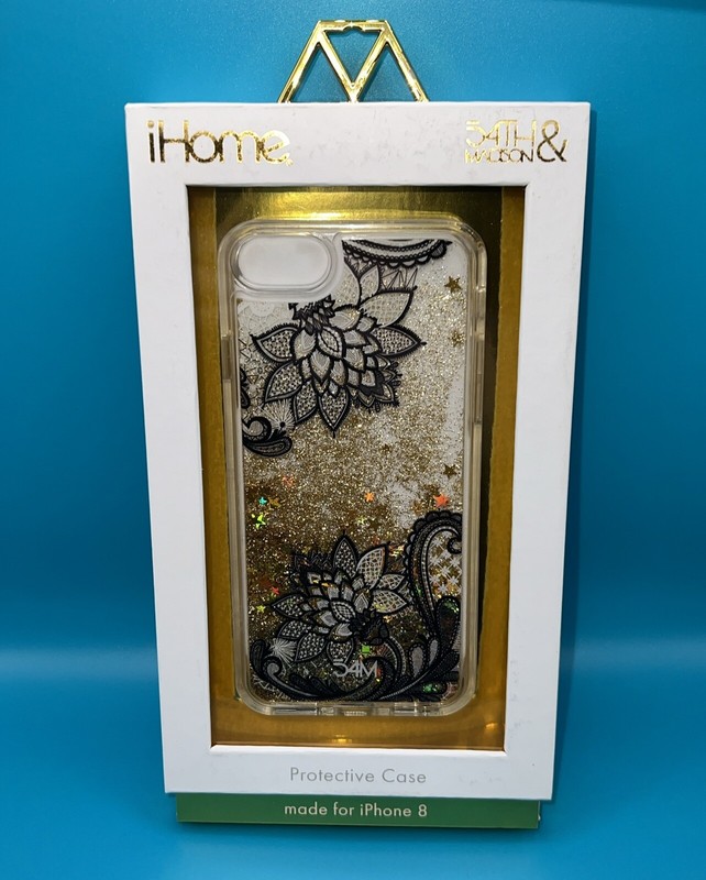 54th & Madison | iPhone 8 Gold Black Sparkle Luxury Lotus Moving Glitter Case