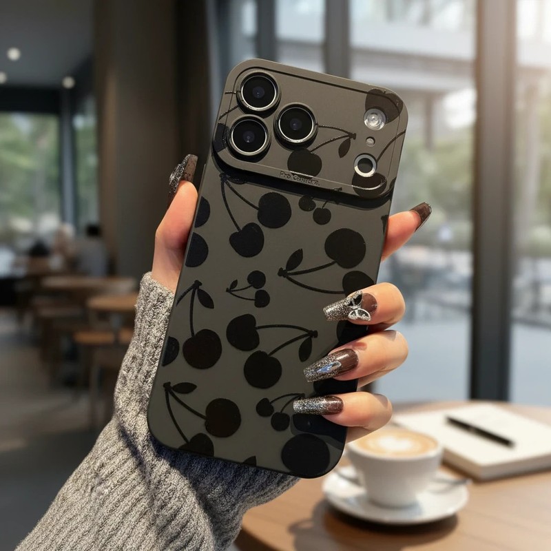 iPhone 17 Pro Max Black Cherry Case Matte Shockproof Cute Fruit Cover