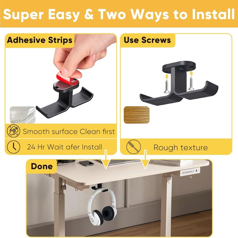 Under Desk Headphone Hanger Rotatable Dual Headset Holder Aluminum Black gallery