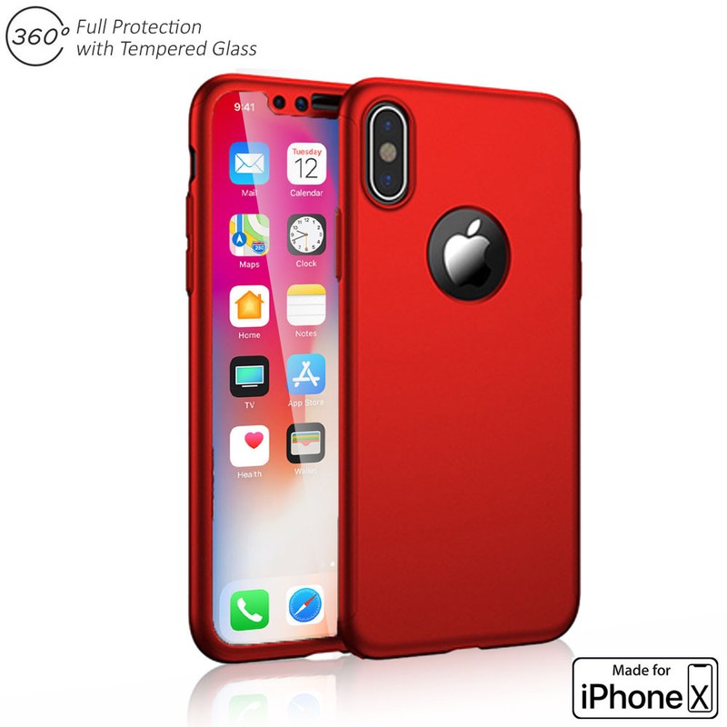 iPhone X 10 Red 360 Full Protective Case Hard PC Cover w/ Tempered Glass Screen