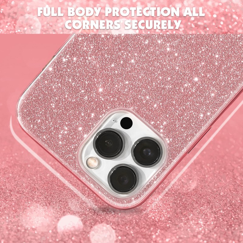 iPhone 15 Pro Glitter Case - Sparkly Pink Protective Cover, 3-Layer Shockproof gallery