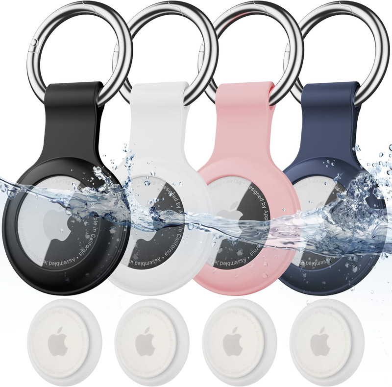 4 Pack IPX8 Waterproof Airtag Keychain，With Soft Silicone Holder Case Key Ring，L