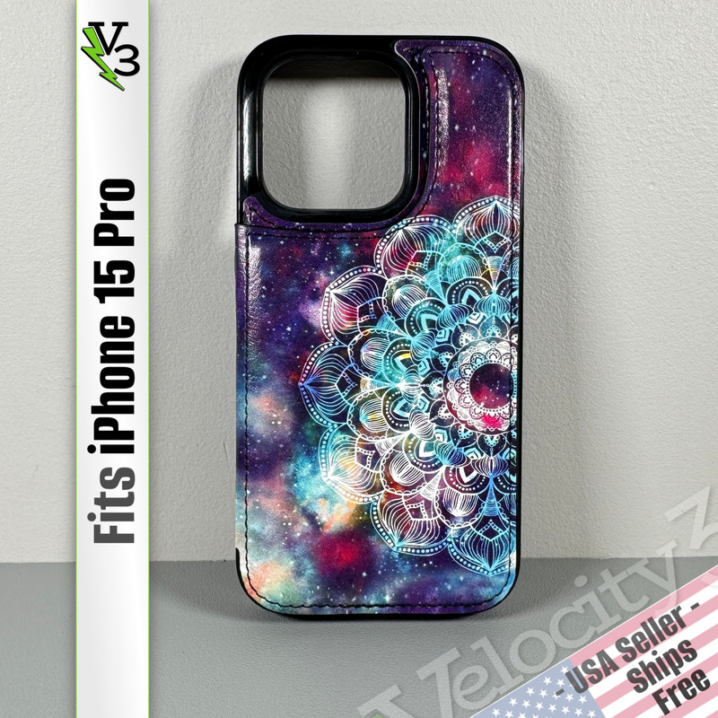 Wallet Case for iPhone 15 Pro – Purple Mandala Geometric Pattern | Flip Case