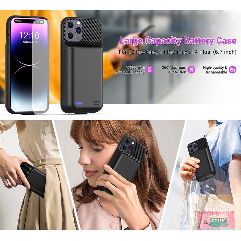 13800mAh Battery Case Power Bank w/ Tempered Glass for iPhone 14 Plus (6.7 inch)