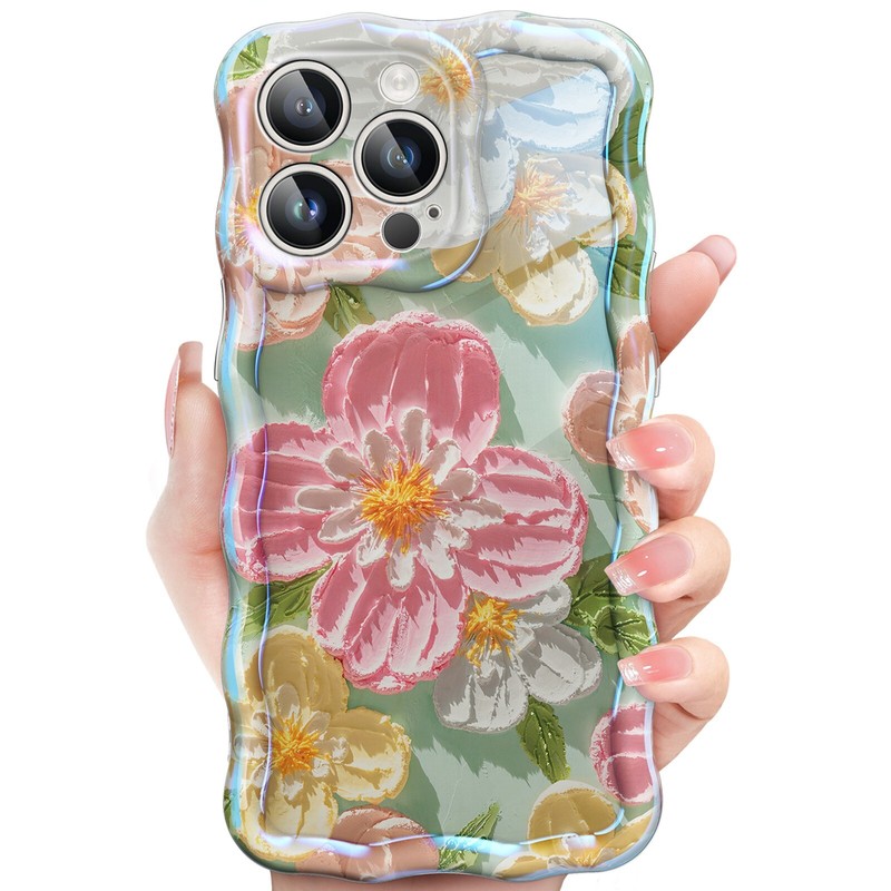 Cute Case for iPhone 13 Pro Max 6.7-Inch, Oil Painting Floral Curly Wave Frame