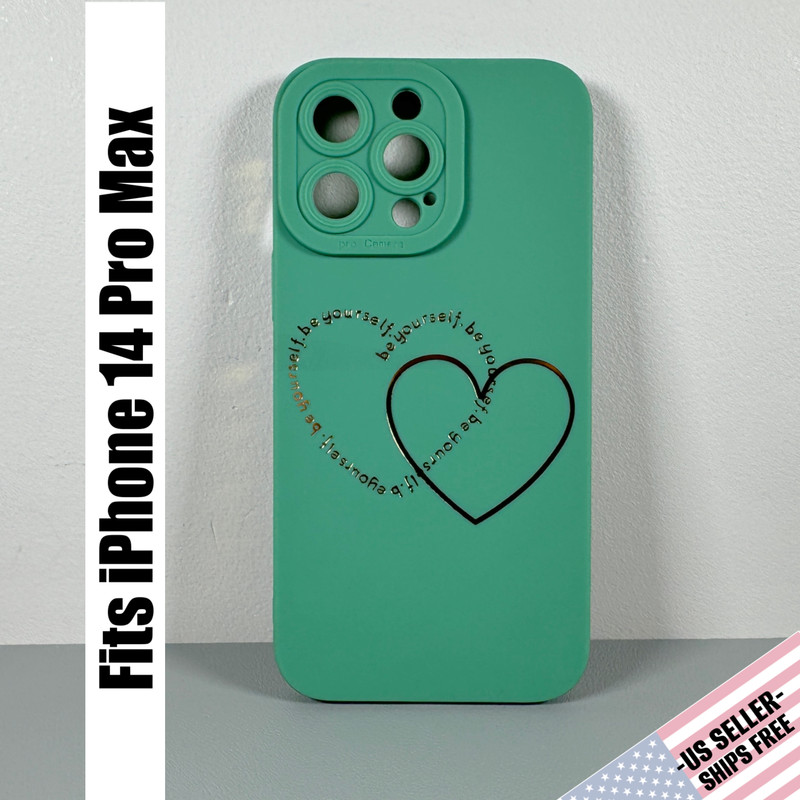 Case for iPhone 14 Pro Max – Sea Green & Gold “Be Yourself” Inspirational Hearts
