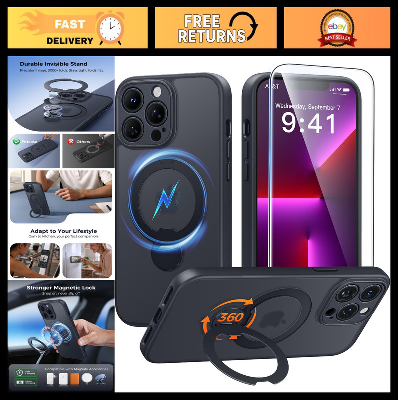 iPhone 13 Pro Case with 360 Spin Magnetic Stand, MagSafe Compatible, Shockproof,