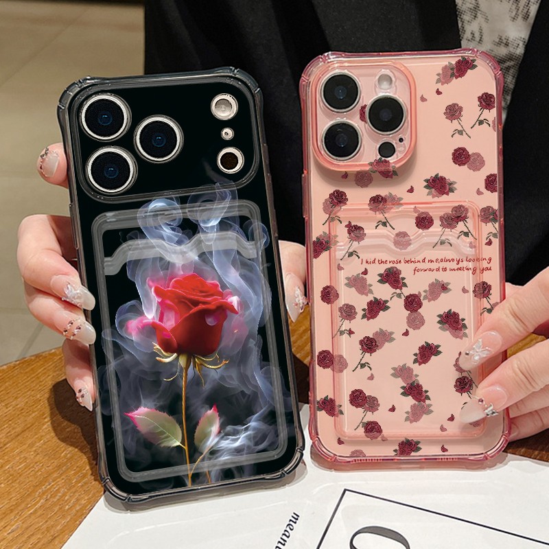 Card Slot Phone Case For iPhone 17 Pro Max 16 15 14 13 11 Rose TPU Clear Cover gallery