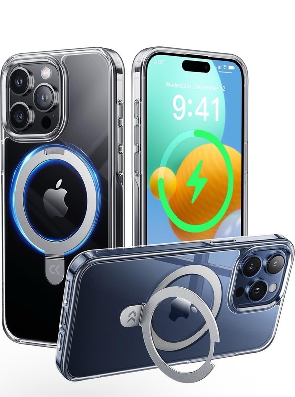 CASEKOO Magnetic iPhone 15 Pro Case, Clear with Stand, 16FT Drop Protection