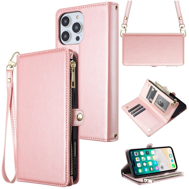 For iPhone 16 PRO MAX Case Wristlet Wallet w/ Long/Short Strap + Tempered Glass