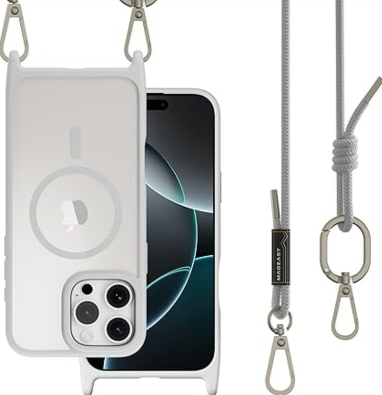 MAGEASY Compatible with iPhone 16 Pro Max Case with Crossbody Strap Light Gray