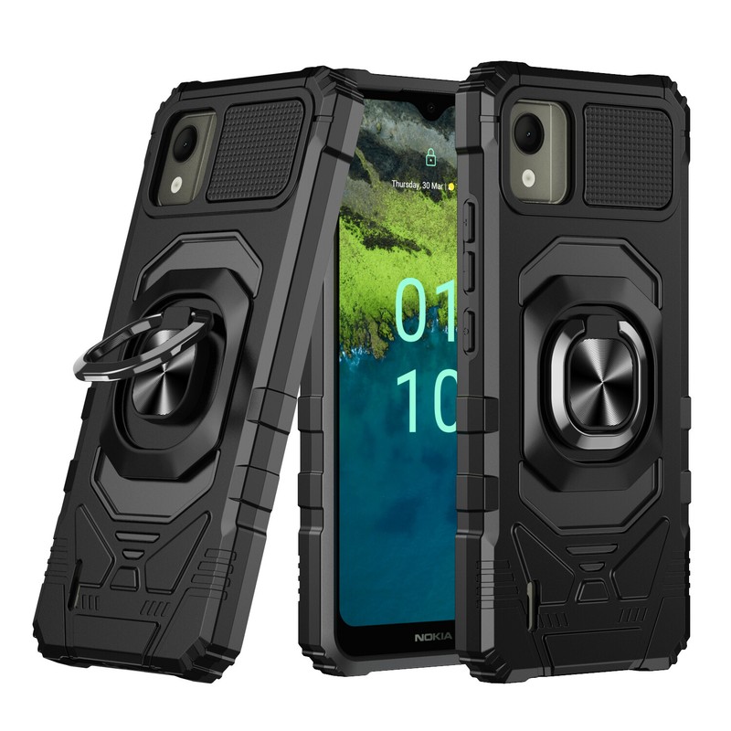 For Nokia C110 Case w/ Temper Glass Screen Protector Hybrid Cover Magnetic Ring