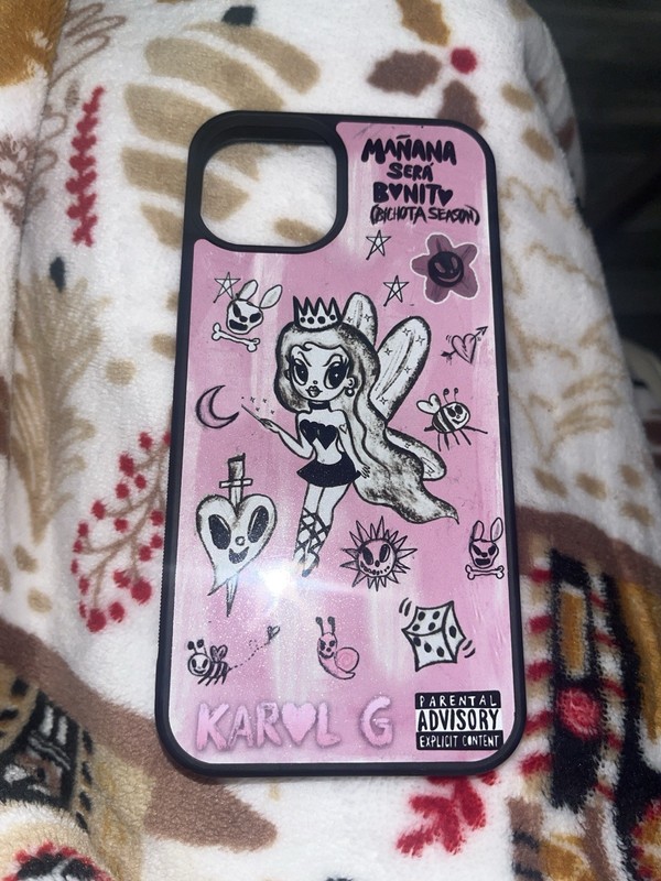 Karol G Pink/Black Glossy Printed Patterned Lightweight Back Case for iPhone 13