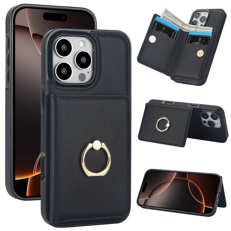 Wallet Case for iPhone 16 15 14 13 12 11 Pro Max SE 2022 XR with Rotation Ring