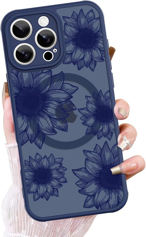 iPhone 16 Blue Sunflower Floral MagSafe Case Magnetic Shockproof Cover