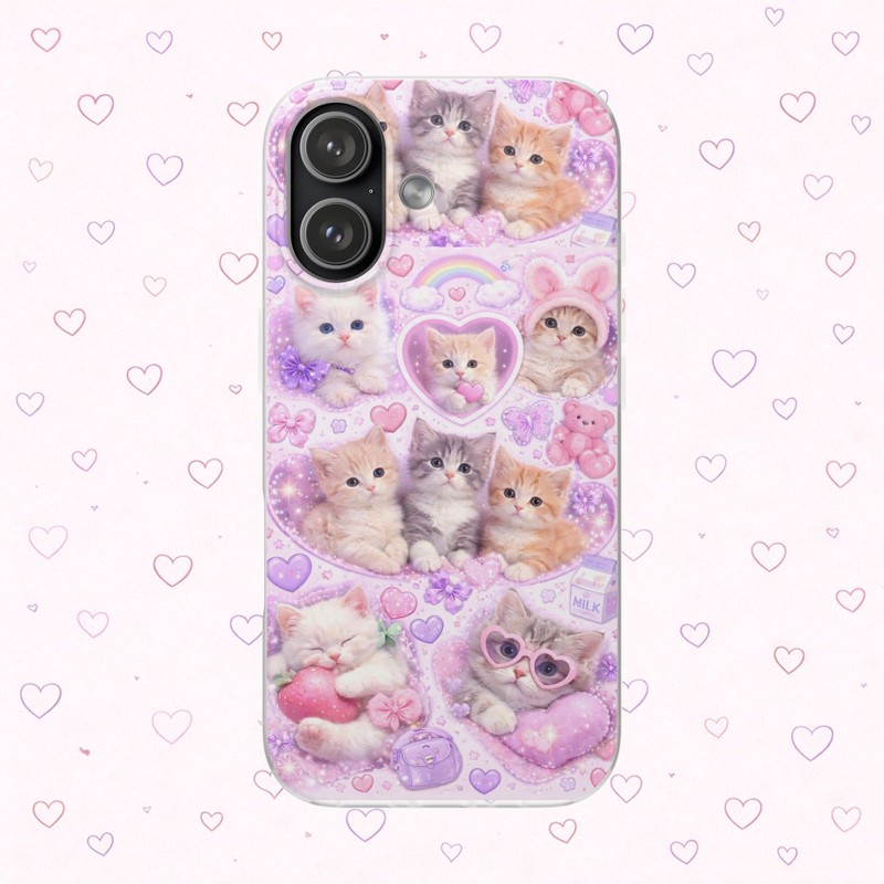 Cute Cats Flexi Phone Case, Kawaii Pink Purple Pastel Y2K, iPhone Samsung