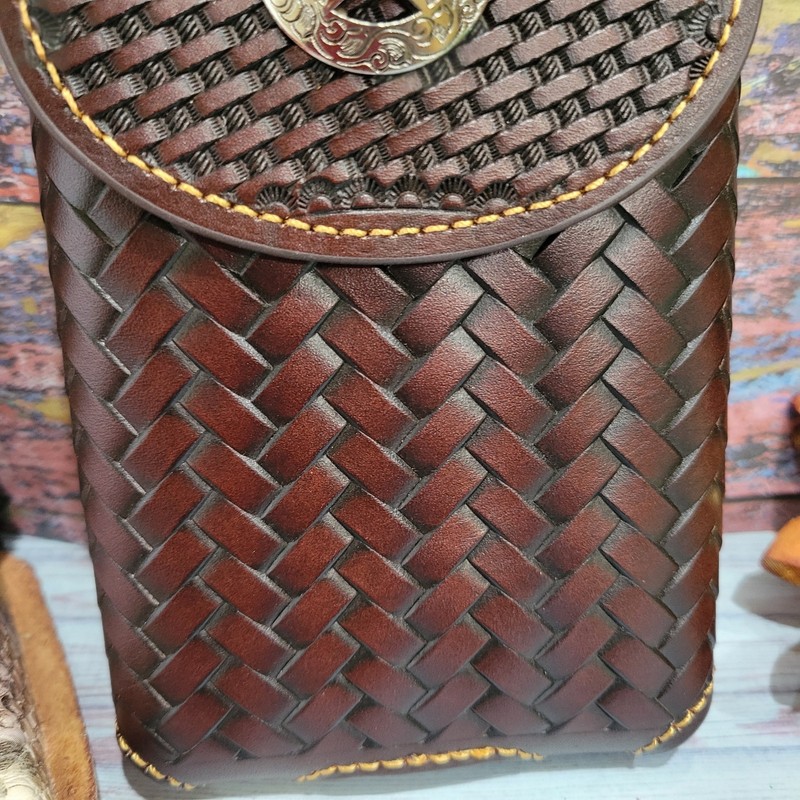 Star Concho Western Belt Loop Phone Holster LARGE Genuine Leather Coffee Brown gallery