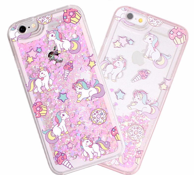 iPhone 5/6S/7+/8+PLUS – HARD CASE Waterfall PINK UNICORNS Liquid Glitter Hearts