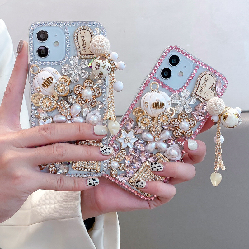 Flowers Hearts Bling Rhinestone Glitter Diamonds Phone Clear TPU Case Cover