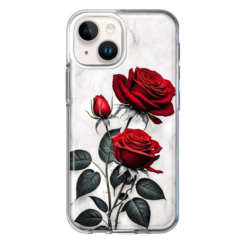 For Apple iPhone 14 Shockproof Hybrid Case, White Marble Red Roses