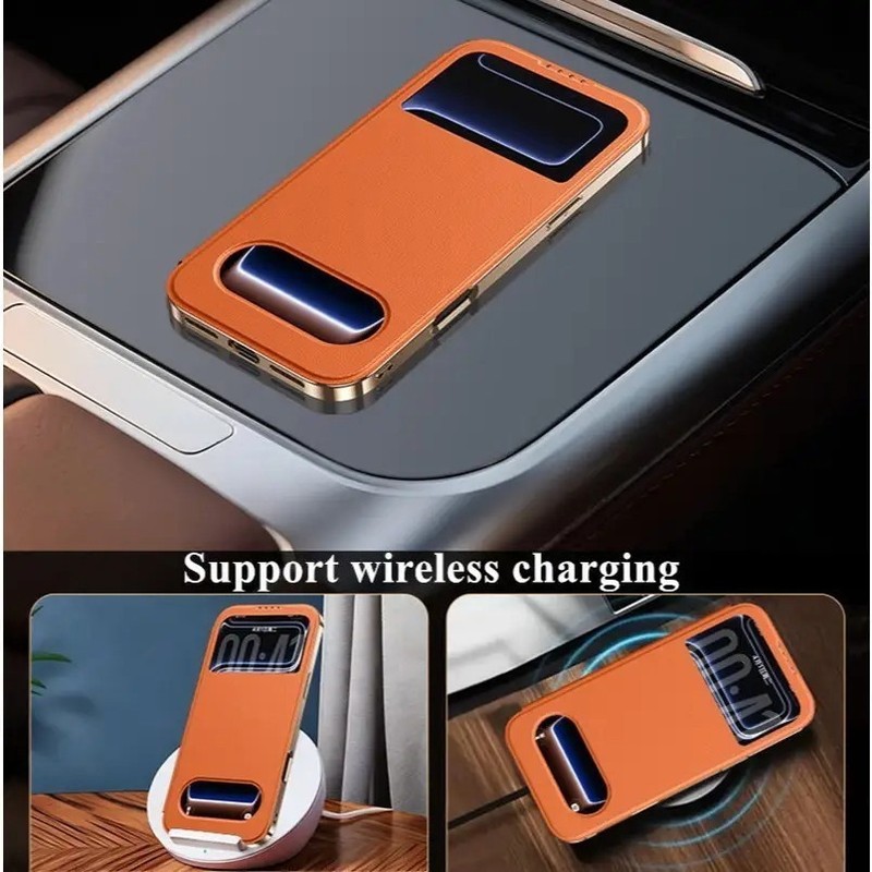 For iPhone 17 Pro/Max/17 Genuine Leather Window Smart Flip Case Glass Lens Cover gallery